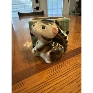 Small Vintage Black & White Striped Tabby Cat And Bamboo Planter‎ Japan